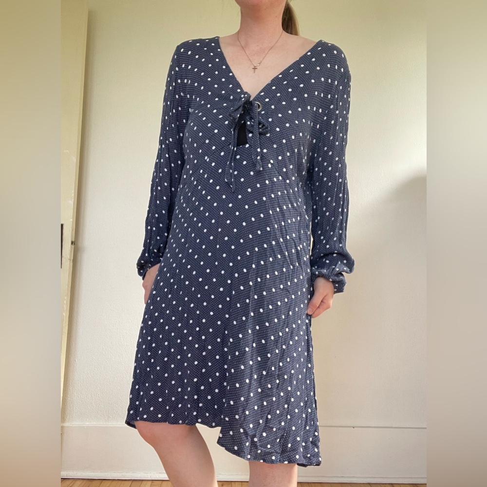 American Eagle Outfitters Navy Polka Dot Long Sleeve Tie-Front Dress